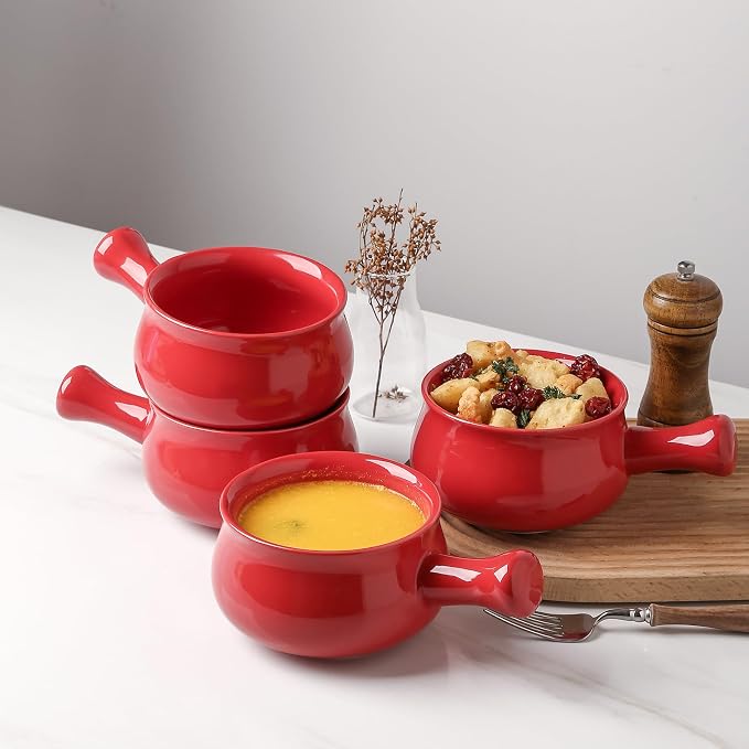 vicrays French Onion Soup Bowls With Handles, 26 Ounce for Soup, Chili, Beef Stew, Chip Resistant, Dishwasher Microwave Safe, Set of 4 (Red)