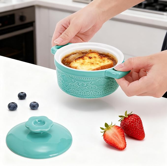 Hacaroa Set of 6 Mini Cocotte with Lid, 8 Oz Ceramic Ramekins with Handles, Small Casserole Dishes Individual Serving Pot for Baking, Soufflé, Soup, Cobbler, Oven Safe, 6 Colors