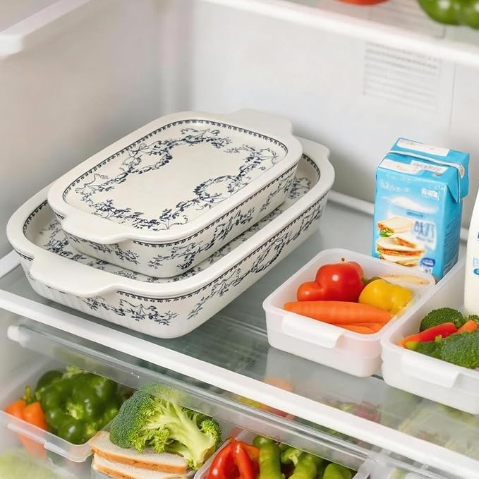 ACMLIFE Ceramic Casserole Dish with Lids for Oven, Large Baking Dish with Lid and Small Ceramic Casserole Dishes with Lid, Bakeware Set Baking Pan Lasagna Pan with Lids & Handles 4 Pcs Set (13x8 Inch+ 8x6 Inch, 2.01 Quart+0.85 Quart, Blue and White), C...