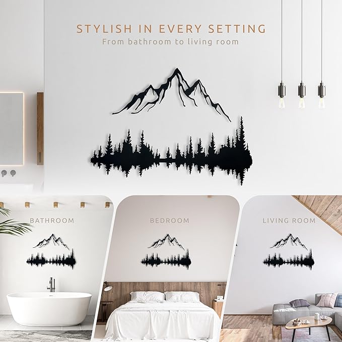 Wita Home Mountain and Forest Metal Wall Art, Wall Mounted Mountain Home Decor, Pine Trees Wall Art for Living Room, Bedroom or Office, Large Outdoor Wall Decor, Nature Christmas Decor (Black, 24x16 inches)