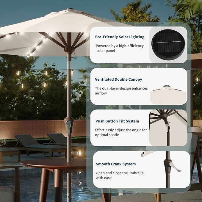 9FT Solar Umbrella 32 LED Lighted Patio Umbrella Table Market Umbrella w/Tilt and Crank, UV-Resistant Outdoor Umbrella for Pool, Garden, Deck, Creamy White