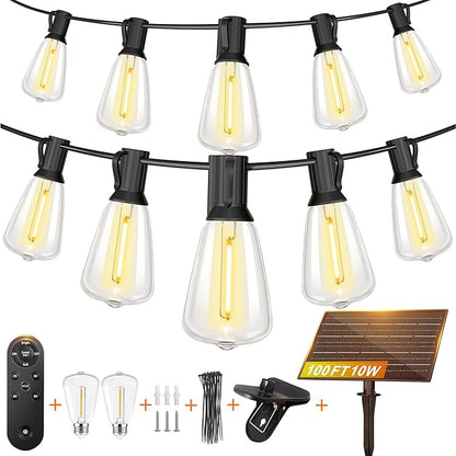 BLIATLUS 100FT Super Bright Solar String Lights Outdoor Waterproof with Remote Control 30+2 Shatterproof LED ST38 Bulbs for Porch Garden Market Bistro Patio Backyard Fence