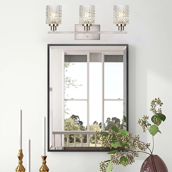 MELUCEE 3 Lights Bathroom Light Fixtures Brushed Nickel Modern Vanity Lights Indoor Wall Mounted Light with Hammered Glass Shade Suitable for Bathroom Living Room Hallway