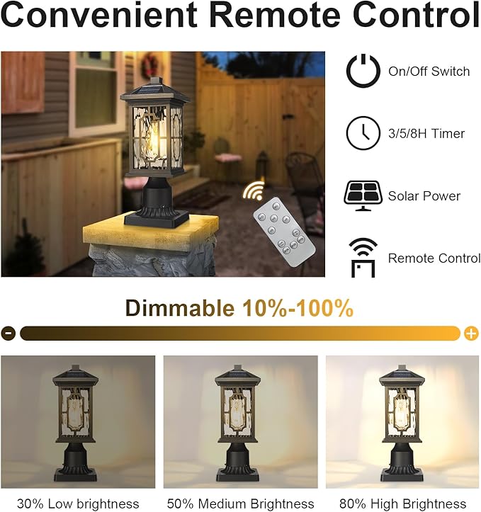 Solar Outdoor Post Light,Dusk to Dawn Aluminum Lamp Posts with Remmote,Waterproof Exterior Pillar Lantern with Water Ripple Glass for Pathway Garden Patio Gargae, 2700K LED Bulb Included