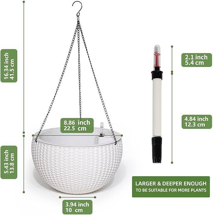 Dexceder 9 Inch Self Watering Hanging Planters Indoor Outdoor, Thickened Hanging Basket Flower Plant Pot with Water Level Indicator (White)