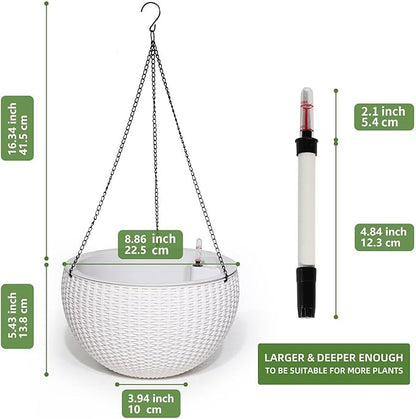 Dexceder 9 Inch Self Watering Hanging Planters Indoor Outdoor, Thickened Hanging Basket Flower Plant Pot with Water Level Indicator (White)