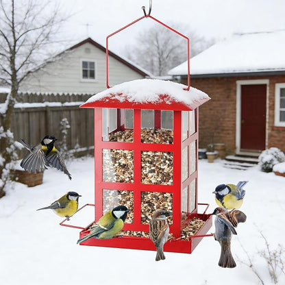 Bird Feeder, Heavy Duty Metal Bird Feeders for Outdoor Hanging, Retro Red House Wild Birdfeeder, Rainproof & Waterproof, 6 LBs Extra Large Capacity