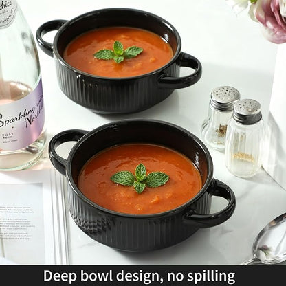 Soup Bowls with Handles, 23 oz French Onion Soup Crocks, Stackable Soup Bowl Oven Safe for Chili, Beef Stew, Embossment Ceramic Bowl Set - 5.4 Inch, Set of 4,Black