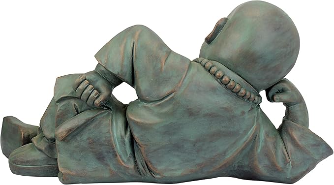 Design Toscano Resting Serene Baby Monk Asian Boy Garden Statue, 24 inches Wide, 12 inches Tall, Cast Stone Resin, Green Bronze Finish