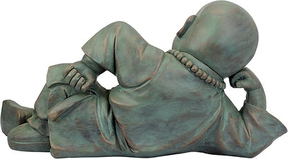 Design Toscano Resting Serene Baby Monk Asian Boy Garden Statue, 24 inches Wide, 12 inches Tall, Cast Stone Resin, Green Bronze Finish
