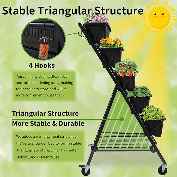 Homdox 4FT Vertical Garden Bed, 5 Tiers Vertical Raised Garden Planter, 25.6 * 26 * 48Inch Garden Raised Bed with 4 Hooks & 4 Wheels, Vegetable Flower Planter Raised Stand, Black with Storage Rack