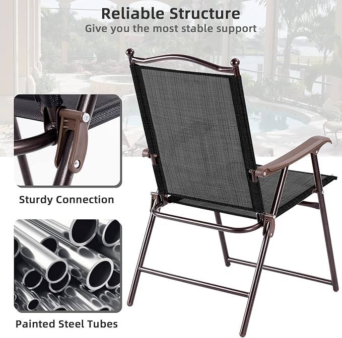 Tangkula Set of 4 Patio Folding Dining Chairs, Outdoor Sling Lawn Chairs with Armrests, Steel Frame, Portable Camping Lounge Chairs for Backyard, Deck, Poolside and Garden, No Assembly (2, Black)