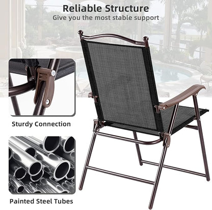 Tangkula Set of 4 Patio Folding Dining Chairs, Outdoor Sling Lawn Chairs with Armrests, Steel Frame, Portable Camping Lounge Chairs for Backyard, Deck, Poolside and Garden, No Assembly (2, Black)