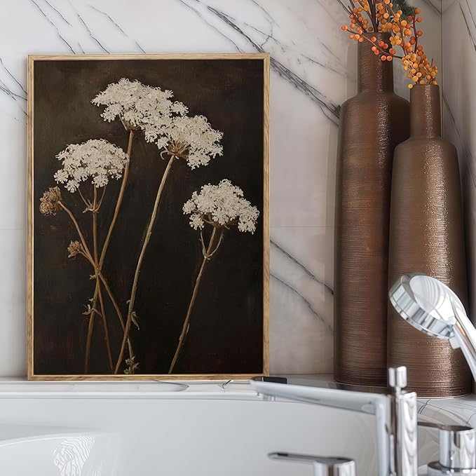 Vintage Canvas Wall Art White Flowers Wall Decor Landscape Country Wildflowers Painting Farmhouse Picture Modern Print Rustic Floral Prints Living Room Bedroom Bathroom 12x16 Inch Framed