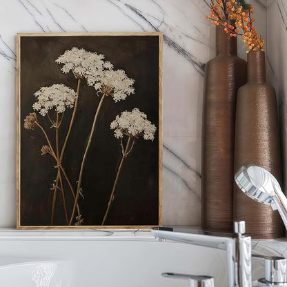 Vintage Canvas Wall Art White Flowers Wall Decor Landscape Country Wildflowers Painting Farmhouse Picture Modern Print Rustic Floral Prints Living Room Bedroom Bathroom 12x16 Inch Framed