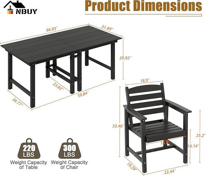 Anbuy Patio HDPE Dining Table Set, 5-Piece Outdoor Dining Table Sets, 2 in 1 Outdoor Furniture Table and 4 Outdoor Chairs for Garden, Backyard, Poolside, Easy Assembly, Black