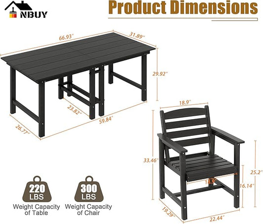 Anbuy Patio HDPE Dining Table Set, 7-Piece Outdoor Dining Table Sets, 2 in 1 Convertible Table and 6 Outdoor Chairs Outdoor All-Weather Furniture Set Black
