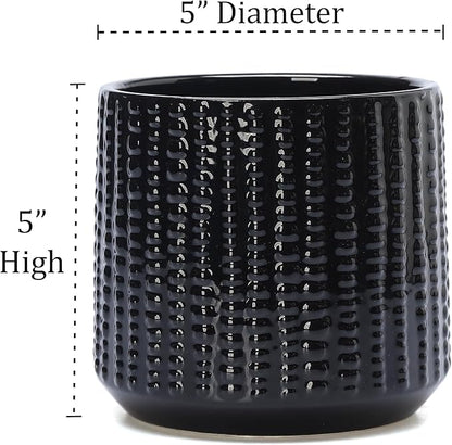 Ceramic Planter Pot with Drainage Hole, 5 Inch Dia, Indoor and Outdoor, Home Patio Garden, Plants Flower Succulent, Textured Round (Black)