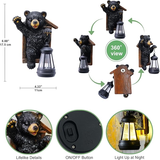 Bear Tree Hugger with Solar Lantern - Resin Bear Statue for Outdoor Garden Decor - Ideal Housewarming & Birthday Gifts for Grandma Mom Women