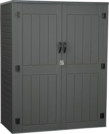 EHHLY Vertical Resin Storage Shed with 2 Shelves, 60 Cuft Garden Tool Sheds & Outdoor Storage, Plastic Outdoor Storage Cabinet Waterproof, 4.5 x 2.3 ft Backyard Outside Lawn Mower Storage Shed, Grey