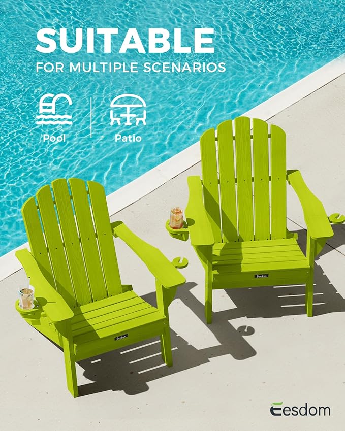 Adirondack Chairs Set of 6, Fire Pit Chairs, Wood Texture Patio Chairs with 2 Cup Holder, Outdoor Lawn Chair, LemonGreen