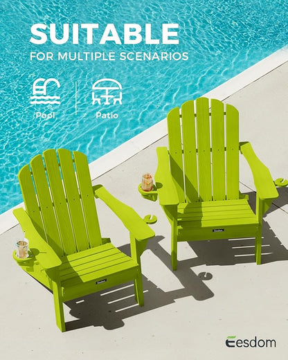 Adirondack Chairs Set of 6, Fire Pit Chairs, Wood Texture Patio Chairs with 2 Cup Holder, Outdoor Lawn Chair, LemonGreen