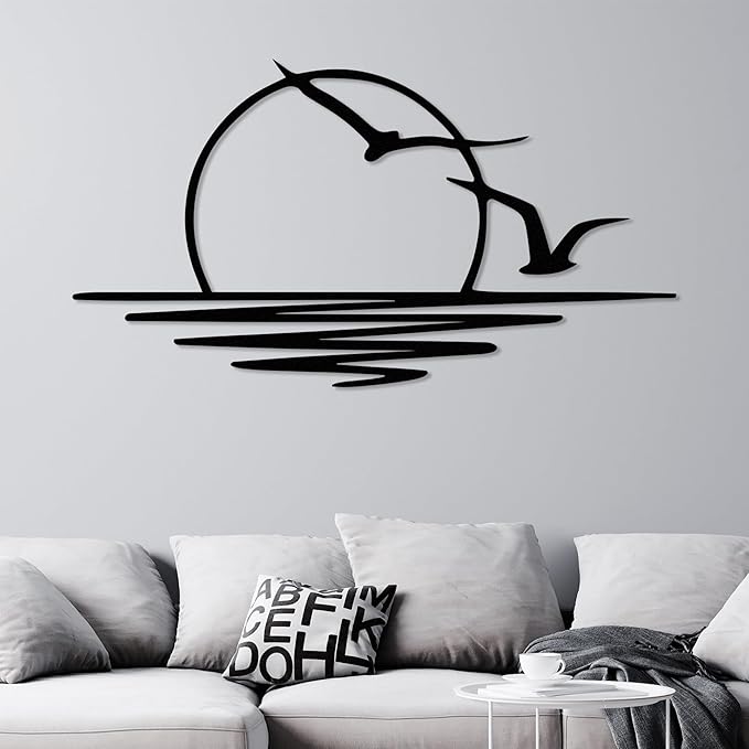 Wita Home Sunset with Seagulls Metal Wall Mounted Art, Handcrafted Metal Home Decor with Static Powder Coating, Eye-Catching Addition to Living Room Decor, Modern Beach Decor for Indoor and Outdoor Spaces, Perfect Housewarming Gift (56 x 28 inches)
