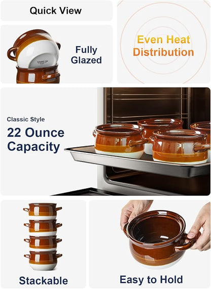 LE TAUCI French Onion Soup Bowls with Handles, 22 Ounce Ceramic French Onion Soup Crocks Oven Safe Serving Bowls for Soup, Chili, Beef Stew, Cereal, Pot Pies, Set of 4