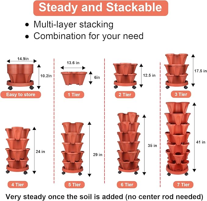 GameXcel Vertical Planter Tower- 7 Tier Stackable Garden Planter with Wheels and Tool Set – Grow Strawberries Herbs Flowers and Vegetables - Indoor Outdoor Use Red