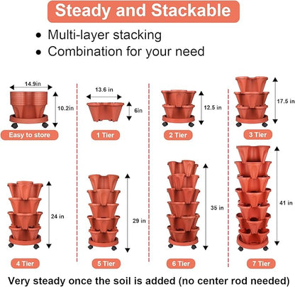GameXcel Vertical Planter Tower- 7 Tier Stackable Garden Planter with Wheels and Tool Set – Grow Strawberries Herbs Flowers and Vegetables - Indoor Outdoor Use Red