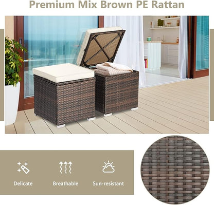 Tangkula 2 Pieces Patio Ottomans, Patiojoy Hand-Woven PE Rattan Side Table with Removable Cushion & Hidden Storage Space, Multifunctional Storage Box, Seat for Patio, Backyard, Poolside (Off White)