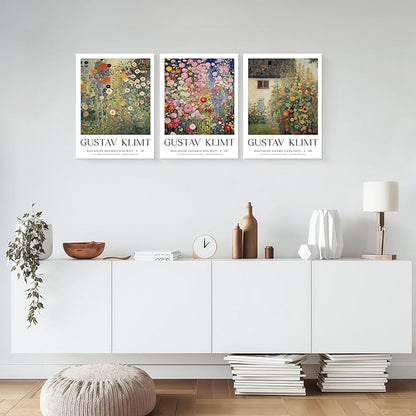 Framed Gustav Klimt Canvas Wall Art Colorful Floral Poster Picture Vintage Countryside Painting Nature Landscape Modern Home Print Living Room Gallery Office Ready to Hang 12x16 Inch x3