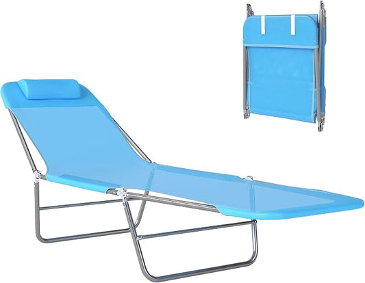Outsunny Folding Chaise Lounge Outdoor Sun Tanning Chair w/Pillow, Blue | Reclining Back, Steel Frame, Breathable Mesh, Beach, Yard, Patio, Pool