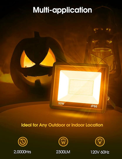 L LOHAS LED Orange Christmas Halloween Flood Light Outdoor, 𝑨𝒖𝒕𝒐 𝑶𝑵/𝑶𝑭𝑭 50W Plug in Flood Lights, IP66 Waterproof 2300lm Outdoor Lights for Yard, Garage, Party, UL Listed, 2 Pack