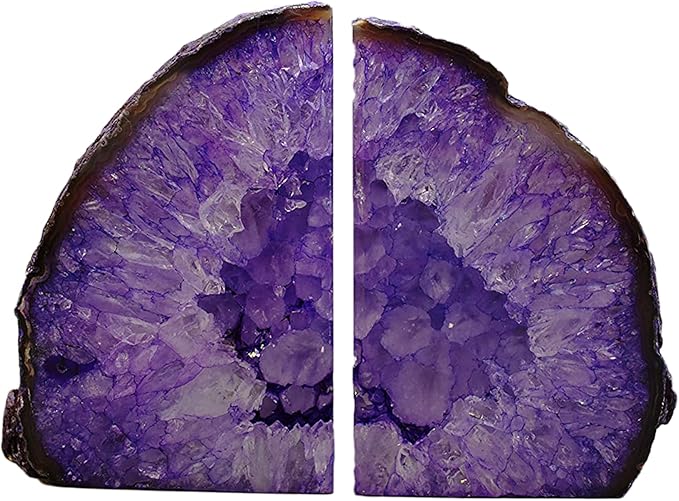 JIC Gem Dyed Purple Natural Agate Bookends Polished Stone Book Ends Crystal Geode Bookends for Shelves to Hold Books with Rubber Bumpers(1 Pair, 3-4 LBS)