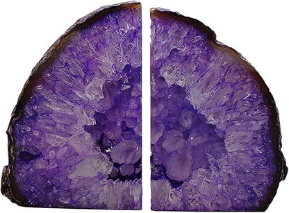JIC Gem Dyed Purple Natural Agate Bookends Polished Stone Book Ends Crystal Geode Bookends for Shelves to Hold Books with Rubber Bumpers(1 Pair, 3-4 LBS)