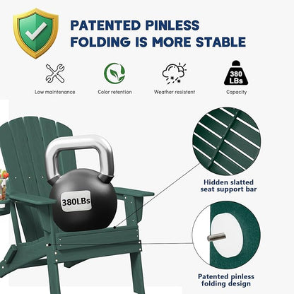 Plawdlik Folding Adirondack Chair, SGS Tested, Wooden Textured with Cup Holder, Heavy All-Weather HDPE Comfortable Set Poolside Backyard Lawn Green
