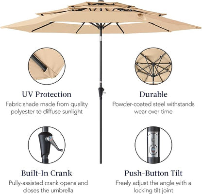 Best Choice Products 10ft 3-Tier Market Patio Umbrella, Outdoor Sun Shade with Tilt, Crank Lift, 8 Ribs for Backyard, Deck, Poolside – Sand