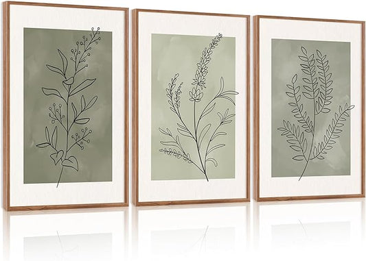 CHDITB Sage Green Botanical Framed Canvas Wall Art Set, Nature Line Art Wall Decor, Neutral Minimalist Floral Artwork, Boho Greenery Plant Flower Art Prints for Living Room, Bedroom, Office 24"x36"x3