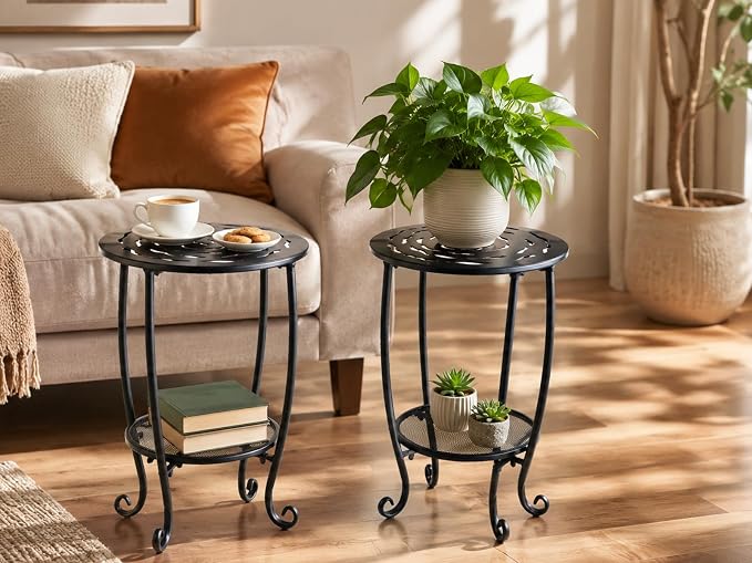 Metal Round Side Table Set of Two Black Accent Coffee Tables Small Space Corner Plant Stand Shelf for Indoor Outdoor Porch Patio Balcony Living Room End Table with Storage