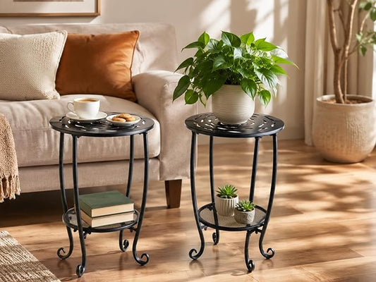 2-Tier Metal Round Side Table Black Accent Coffee Tables Small Space Corner Plant Stand Shelf for Indoor Outdoor Porch Patio Balcony Living Room End Table with Storage, Rust-Proof