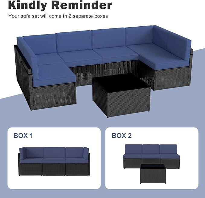 Kinsuite 7Pcs Patio Conversation Set - Wicker Backyard Furniture Outdoor Furniture with Cushions, All-Weather Couch Set with Coffee Table for Garden, Lawn, Deck, Blue