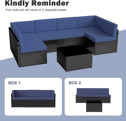 Kinsuite 7Pcs Patio Conversation Set - Wicker Backyard Furniture Outdoor Furniture with Cushions, All-Weather Couch Set with Coffee Table for Garden, Lawn, Deck, Blue