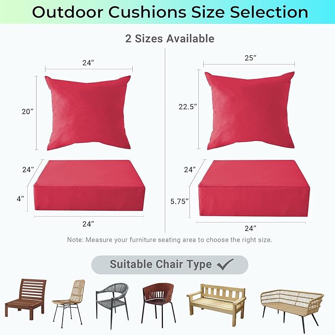 Outdoor Cushions for Patio Furniture,Outdoor Seat Cushion Set 24 x 24 x 4 Inch,Waterproof & Fade Resistant Outdoor Chair Cushions,Deep Patio Chair Cushion with Removable Cover,Burgundy
