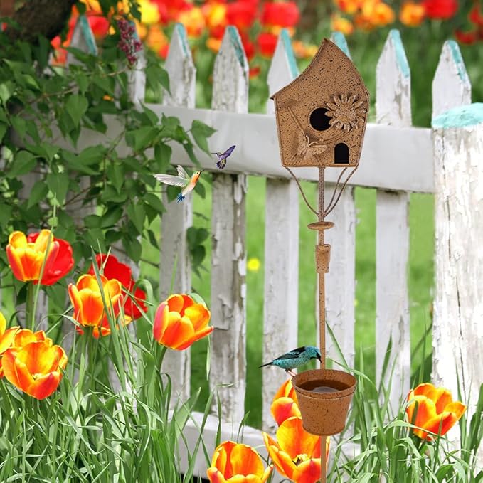 49" Bird Houses for Outside with Pole, Outdoor Metal Birdhouse with Tapered Bucket for Patio, Yard, Garden, Rust-Colored