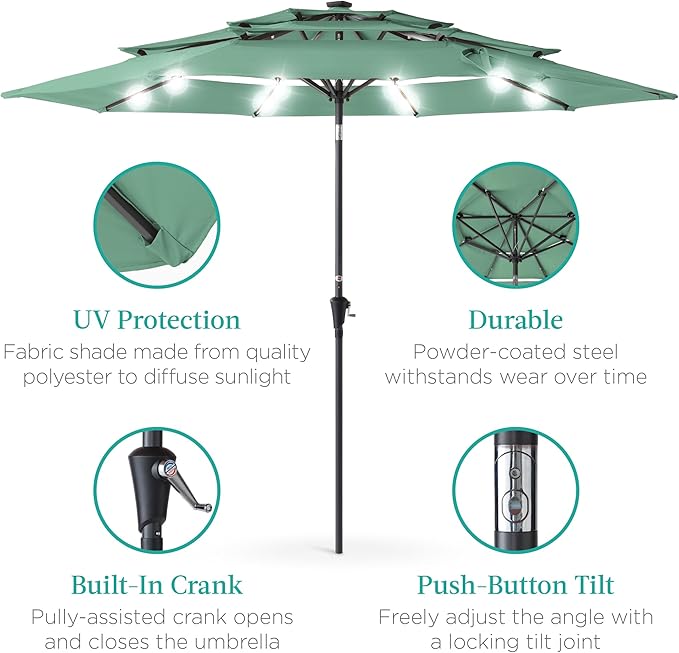 Best Choice Products 10ft 3-Tier Solar Patio Umbrella, Outdoor Market Sun Shade for Backyard, Deck, Poolside w/ 24 LED Lights, Tilt Adjustment, Easy Crank, 8 Ribs - Seaglass