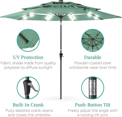 Best Choice Products 10ft 3-Tier Solar Patio Umbrella, Outdoor Market Sun Shade for Backyard, Deck, Poolside w/ 24 LED Lights, Tilt Adjustment, Easy Crank, 8 Ribs - Seaglass