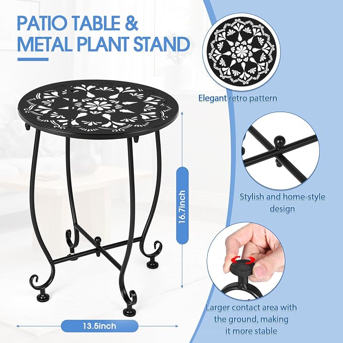 Thyle 2 Pcs Outdoor Side Table with Flower Cutout 13" Metal Small Round Weather Resistant Patio Side Tables for Outside, Balcony, Porch, Garden Bistro Indoor Outdoor Yard(Floral Pattern)