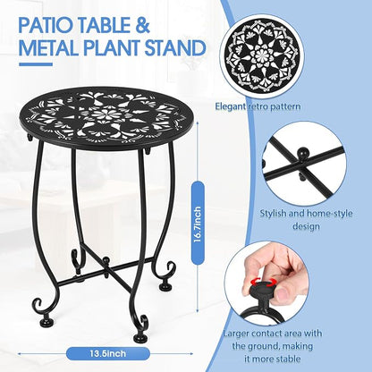 Thyle 2 Pcs Outdoor Side Table with Flower Cutout 13" Metal Small Round Weather Resistant Patio Side Tables for Outside, Balcony, Porch, Garden Bistro Indoor Outdoor Yard(Floral Pattern)