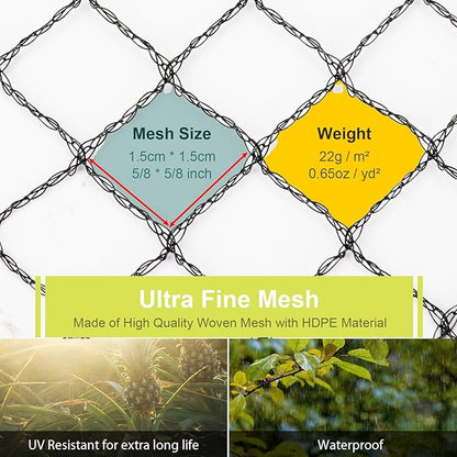Bird Netting for Garden - 7.5 x 65 FT Heavy Duty Anti Bird Netting Mesh with Ties and Landscape Staples for Vegetable, Fruit Trees & Other Plants, Lasting Against Birds Deer Squirrels and Poultry